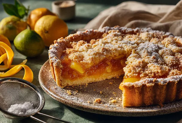Тёртый пирог с цитрусовым мармеладом: рассыпчатое песочное тесто, начинка из апельсина, лимона и яблока 
