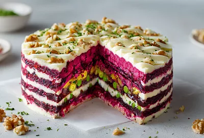 Слоёный салат со свёклой и черносливом – сытный, как закуска, и хранится неделю в холодильнике