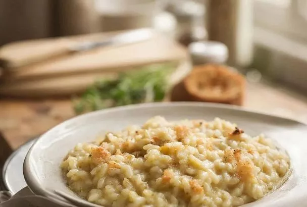 Рис “как ризотто” без постоянного помешивания: кремовый внутри, с поджаристой корочкой — в духовке