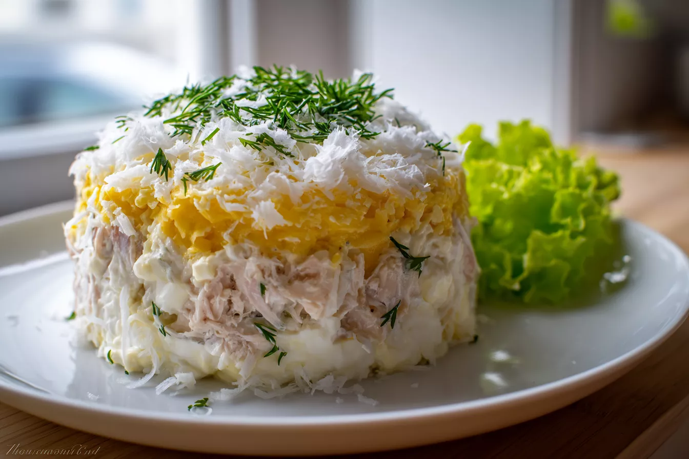 Мимоза без моркови: нежная с сайрой и подмороженным маслом