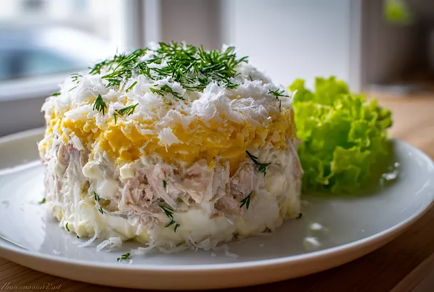 Мимоза без моркови: нежная с сайрой и подмороженным маслом