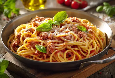 Макароны с тунцом в томатном соусе — сочные, ароматные и готовятся за 15 минут