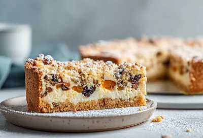 Тёртый пирог с творогом и сухофруктами: верхушка получилась хрустящей с ореховым ароматом