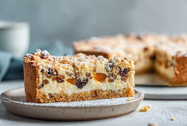 Тёртый пирог с творогом и сухофруктами: верхушка получилась хрустящей с ореховым ароматом