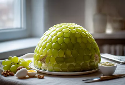 Тот самый «Завтрак у Тиффани»: салат-горка с копчёной курицей, сыром и виноградом