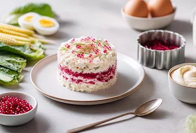 Шеф-повар Илья Лазерсон собирает крабовый салат слоями — и «классика» вдруг выглядит как маленький праздник