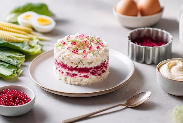 Шеф-повар Илья Лазерсон собирает крабовый салат слоями — и «классика» вдруг выглядит как маленький праздник