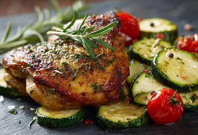 Лёгкий обед за 6 минут: кабачки с курицей на сковороде