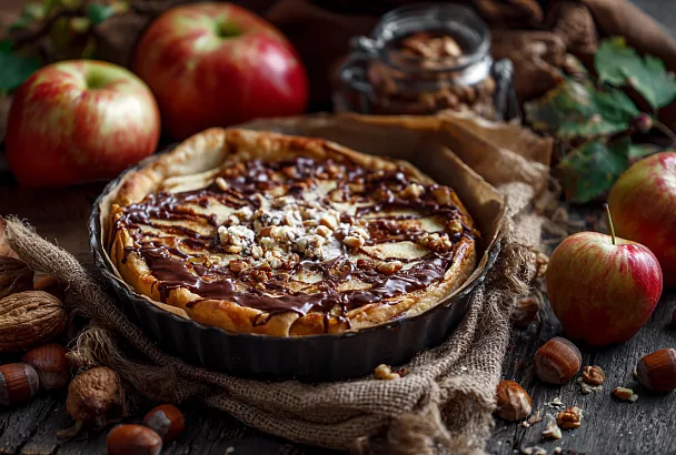 Нежный яблочный пирог с орехами и шоколадной глазурью
