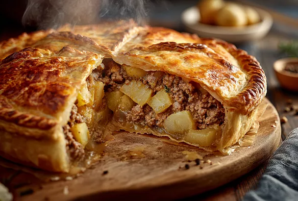 Быстрый мясной пирог с картофелем – нежное бездрожжевое тесто и сочная начинка, готов за час