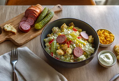 Яркий салат с подкопчённой колбаской и хрустящими бочковыми огурцами