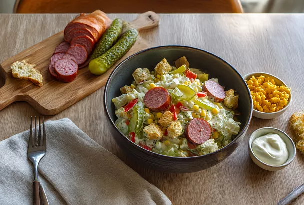 Яркий салат с подкопчённой колбаской и хрустящими бочковыми огурцами