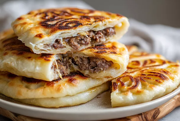 Лепёшки из простейшего теста с двумя начинками: сочное мясо и творог с зеленью