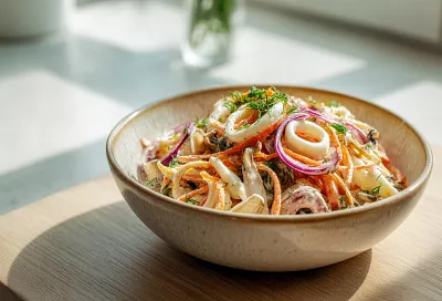 Салат с курицей, кальмарами и корейской морковкой — необычно и очень вкусно