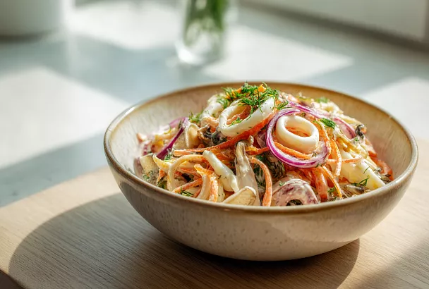 Салат с курицей, кальмарами и корейской морковкой — необычно и очень вкусно