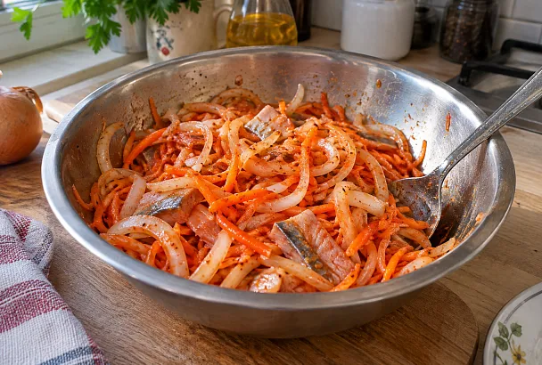 Селёдка по-корейски с луком и морковью: маринуем в острой томатной заливке