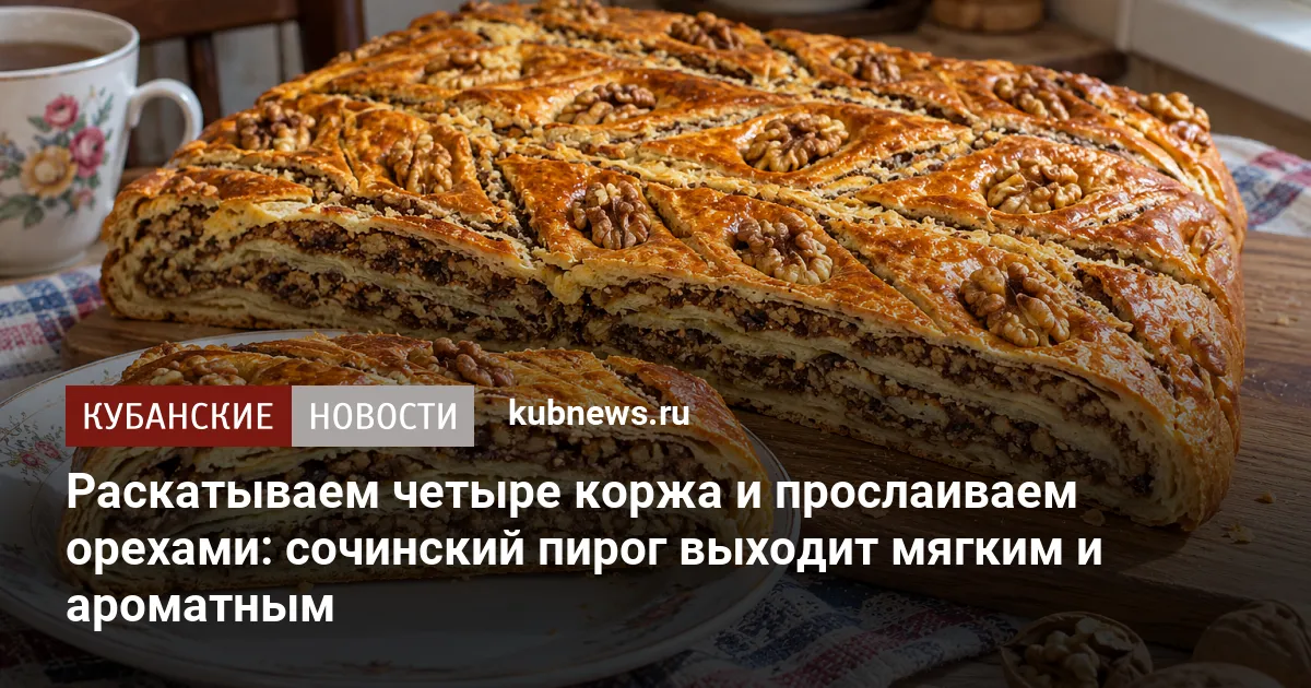 Раскатываем четыре коржа и прослаиваем орехами: сочинский пирог выходит мягким и ароматным