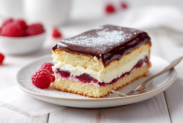 Пудинговый пирог с малиной и шоколадной глазурью — нежный и ароматный