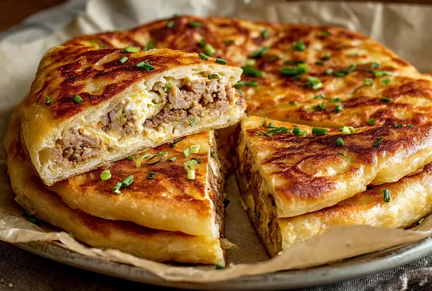 Пирог с мясом и яйцом в сковороде: сочный, хрустящий и без духовки