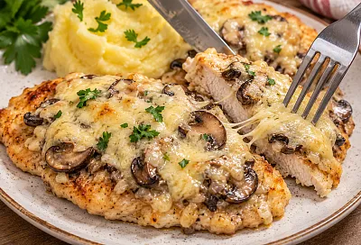 Обжариваю куриную грудку, а сверху кладу грибы со сливочным сыром: мясо остается сочным