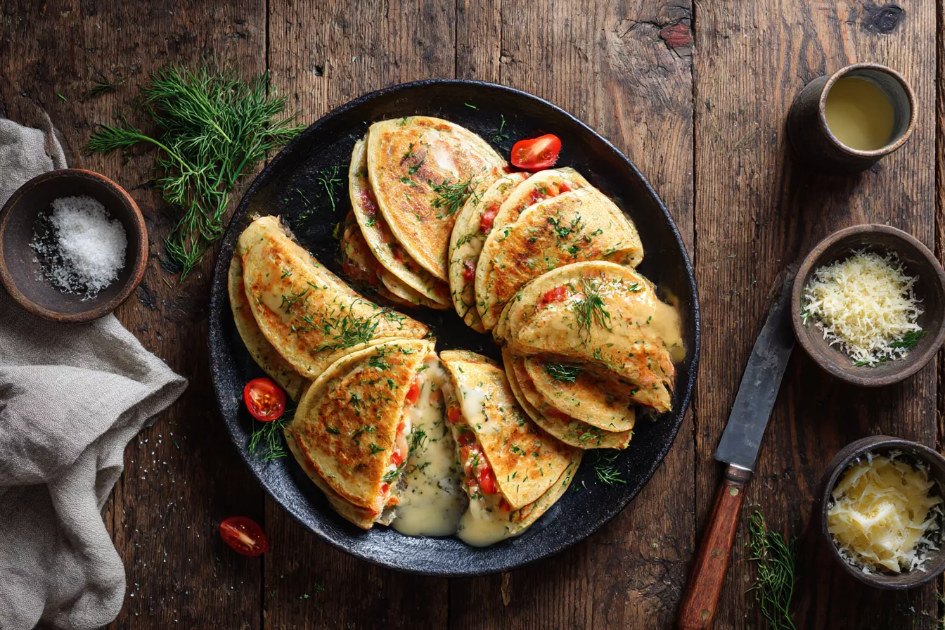 Сытные блинчики с помидором, зеленью и сыром