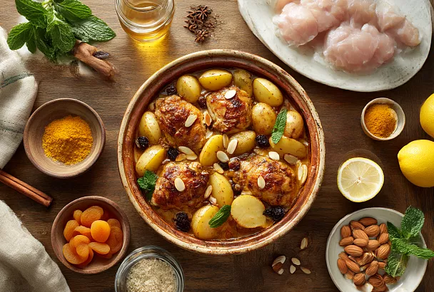 Кидаю курицу с картошкой в форму, добавляю лимон и сухофрукты — и получается яркий тажин на большую компанию