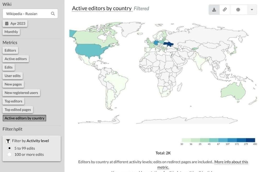 Карта с указанием стран, где в основном пишутся и редактируются статьи для русскоязычной Википедии.