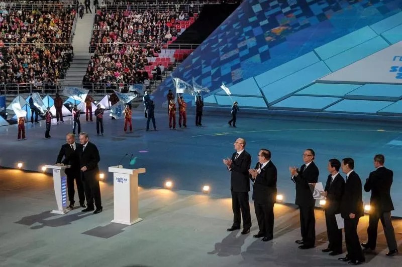 Владимир Путин и глава Координационного комитета МОК Жан-Клод Килли дали обратный отсчет до Олимпийских игр. 2013 г.