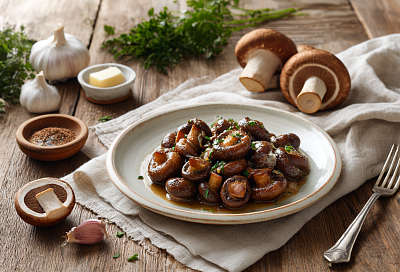 Обжариваю шампиньоны на сильном огне, добавляю «ресторанную» щепотку — и они исчезают со стола моментально