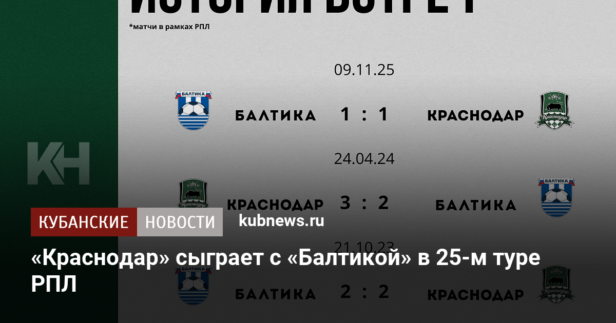 «Краснодар» сыграет с «Балтикой» в 25-м туре РПЛ