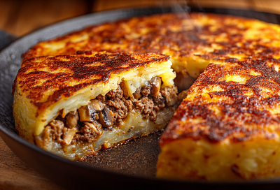 Готовим сытный картофельный пирог на сковороде: хрустящая корочка, сочная начинка из мяса и грибов
