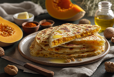 Замешиваю простое тесто на воде, тру тыкву с орехами — и за минуту на сковороде получаются тонкие чуду полумесяцем