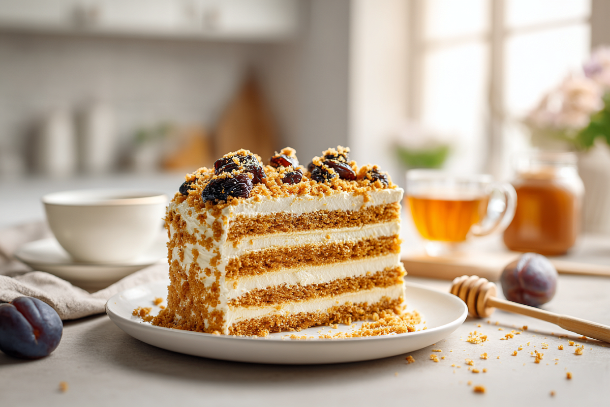 Медовик за 12 минут с черносливом: нежный и вкусный 