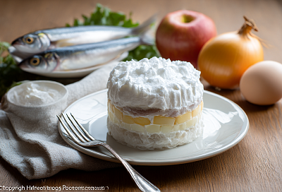 Выкладываю селёдку слоями с яблоком и яйцами под майонезной сеточкой — получается нежная селёдка под снежной шапочкой