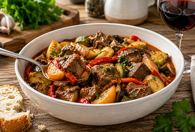 Сначала тушу мясо, потом добавляю овощи слоями: рагу получается нежным и не превращается в кашу