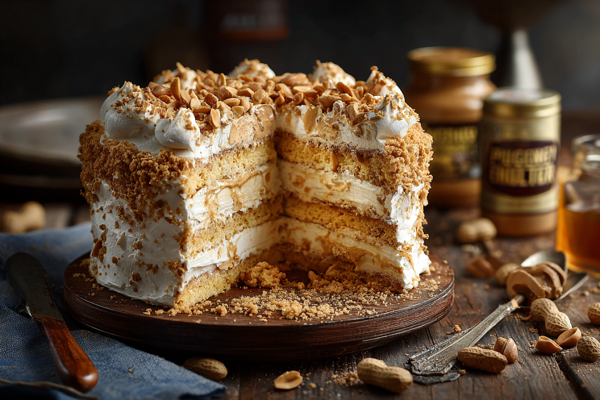 Арахисовый торт из детства: хрустящие насыпные коржи, нежный белковый слой и крем из варёной сгущёнки с арахисовой пастой