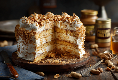 Арахисовый торт из детства: хрустящие насыпные коржи, нежный белковый слой и крем из варёной сгущёнки с арахисовой пастой