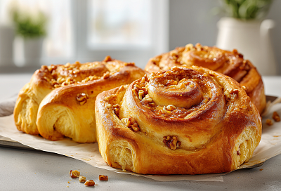 Огромные булочки с орехами. Вы таких точно не пробовали: слоеные как круассаны, мягкие внутри и пекутся 25 мин на кефире