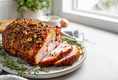 Запечённый свиной окорок не будет сухим: засолила на ночь, и через 3 часа на столе сочная буженина с хрустящей корочкой