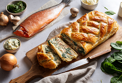 Рыба в слоёном тесте с грибным кремом и шпинатными блинчиками