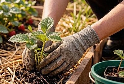 Сажаю клубнику осенью, сердечко на уровне земли: приживается быстро, кусты не выпадают