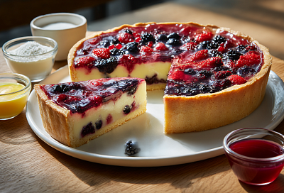 Тирольский пирог с ягодами и заварным кремом: песочная корзинка и прозрачное желе сверху