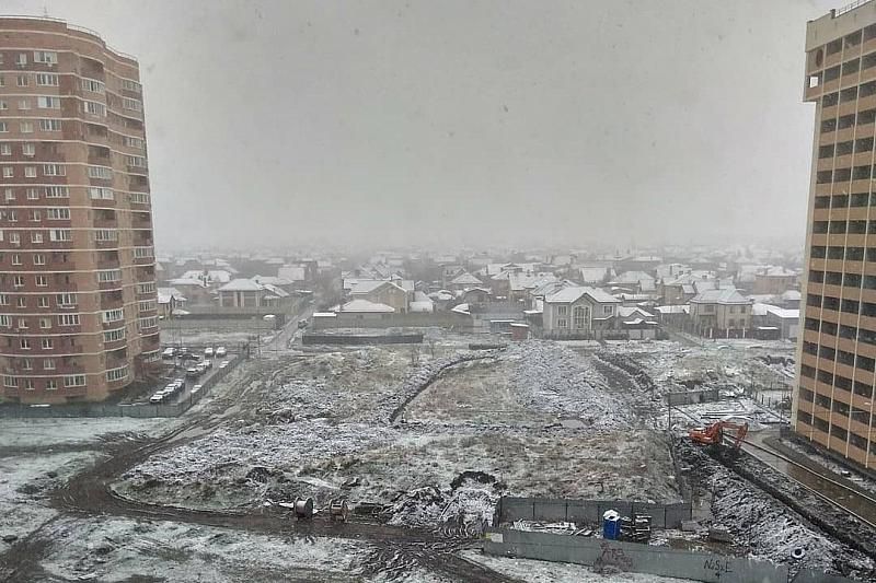 Краснодарцы делятся фотографиями весеннего снега в соцсетях.