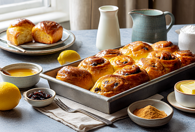 Челси-булочки дома: изюм, корица, лимон и горячая пропитка