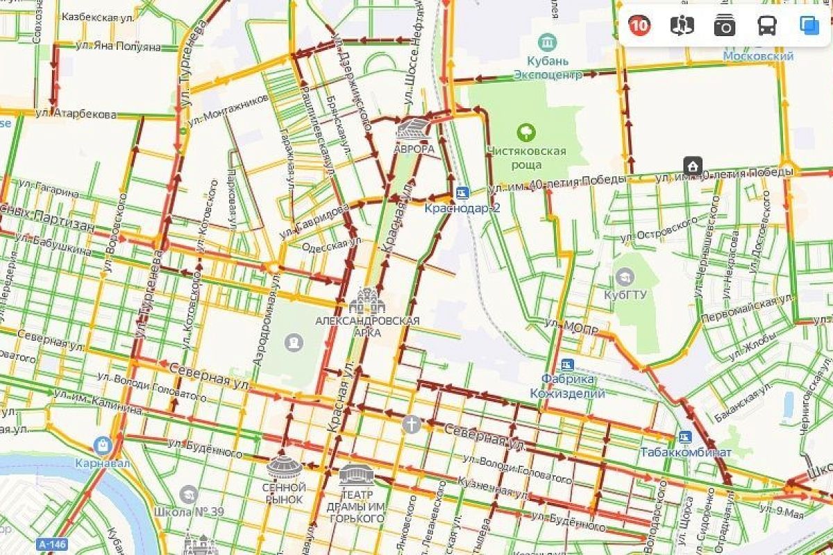 В Краснодаре снова образовались 10-балльные пробки