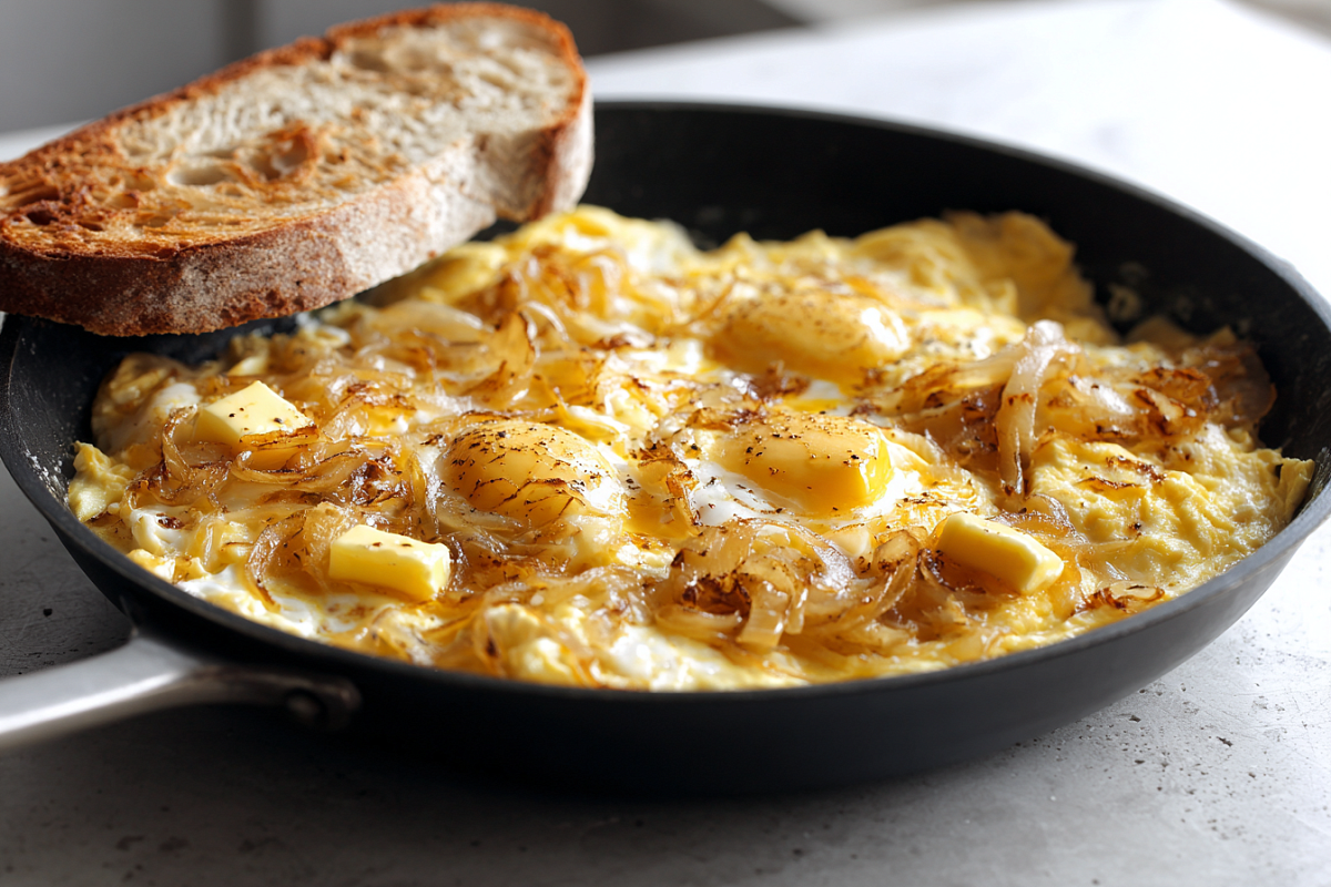 Ресторанная яичница с тушёным луком: нежная, сладковатая, готовится из 2 ингредиентов 30 минут
