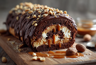 Готовлю рулет «Сникерс» дома: нежный бисквит, карамель с арахисом и крем-чиз — вкуснее магазинного батончика в 100 раз