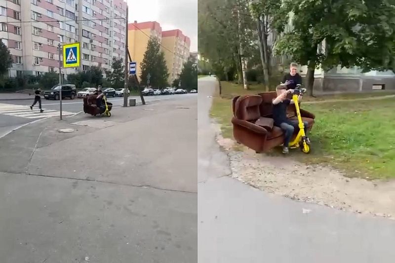 Подростки приделали диван к электросамокату и катались на своем изобретении по тротуарам Санкт-Петербурга