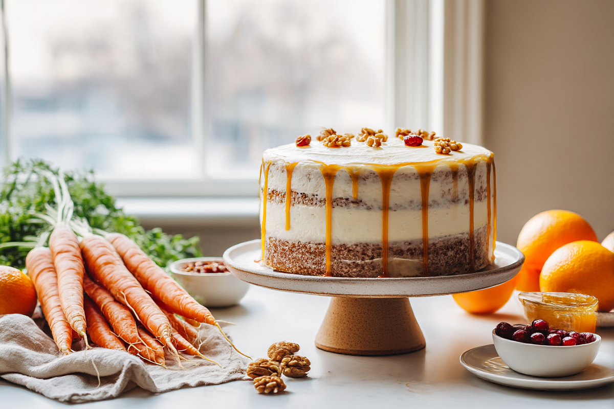 Морковный торт с клюквой и апельсиновой карамелью: сочный десерт для тёплых вечеров