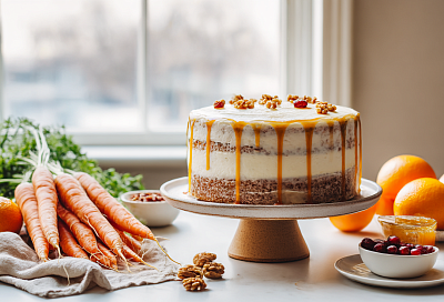 Морковный торт с клюквой и апельсиновой карамелью: сочный десерт для тёплых вечеров